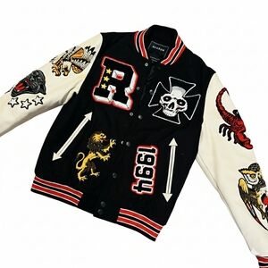 Reason Mens Embroidered Patch Street Varisty Leather Jacket